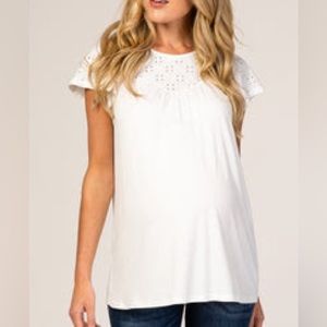 PinkBlush White Eyelet Short Flutter Sleeve Maternity Top - Size XL